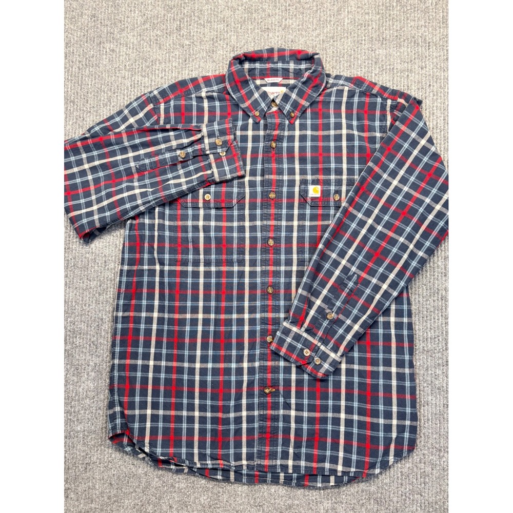 Carhartt Mens Relaxed Fit Plaid Button Down Shirt Navy Red L 102816 412 - Picture 2 of 8